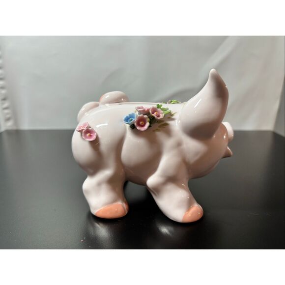 Vintage Lefton Piggy Bank Pig Porcelain Figurine With 3D Flower - Picture 7 of 14